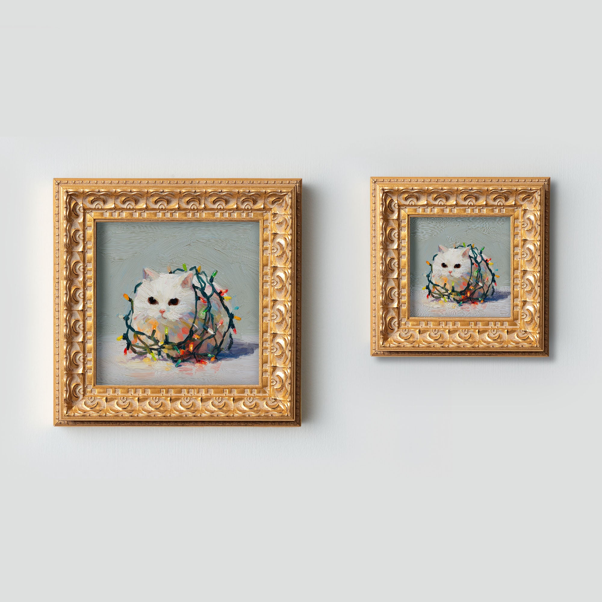 Small Christmas Lights Cat Oil Painting, Original Hand Painted, Custom Kitty Portrait, Holiday Wall Art, Winter Decor, Christmas Gift