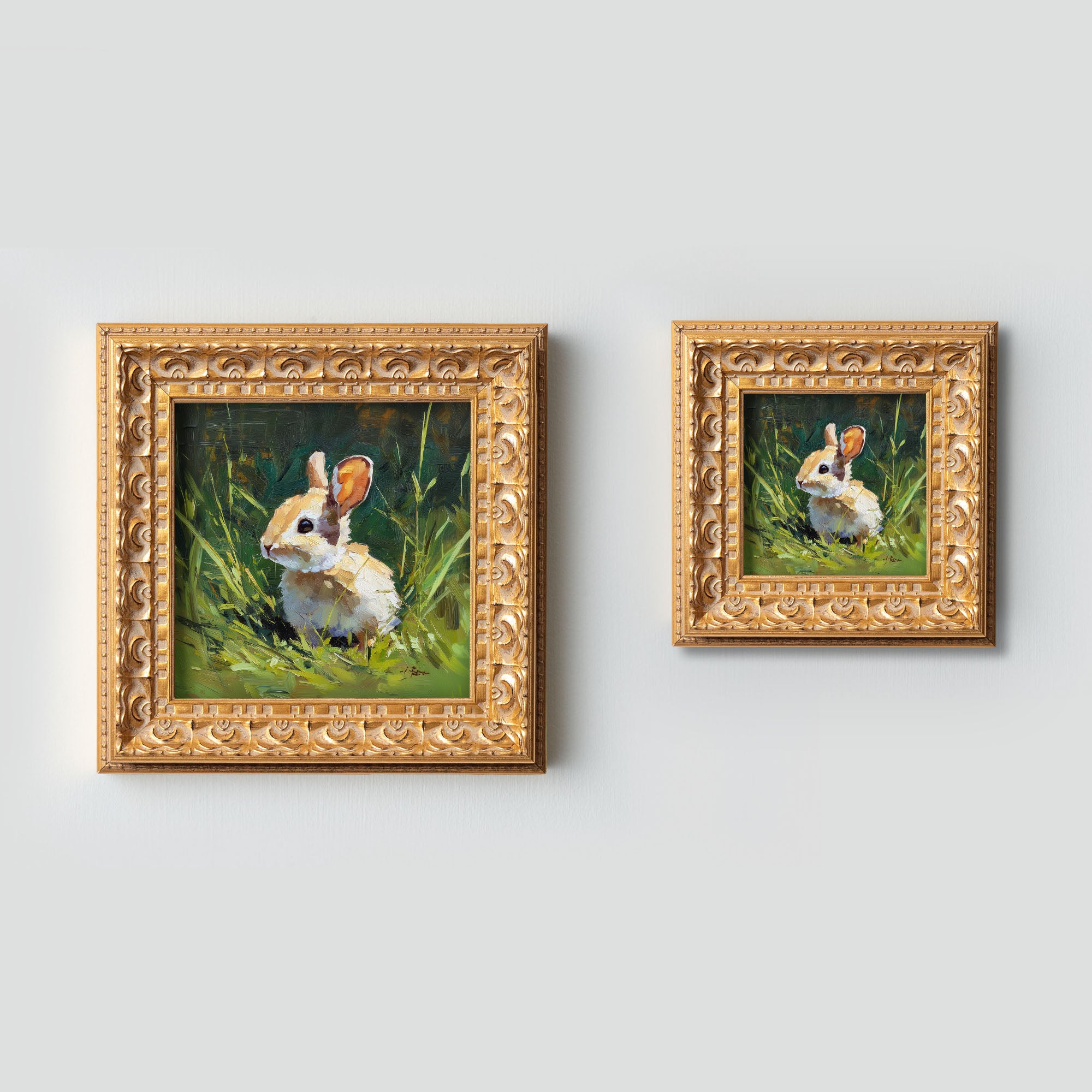 Hand Panted Rabbit Oil Painting, Original Wildlife Art, Home Wall Art Decor, 5X5 Gold Framed Artwork, Still life Bunny , Gift for friends