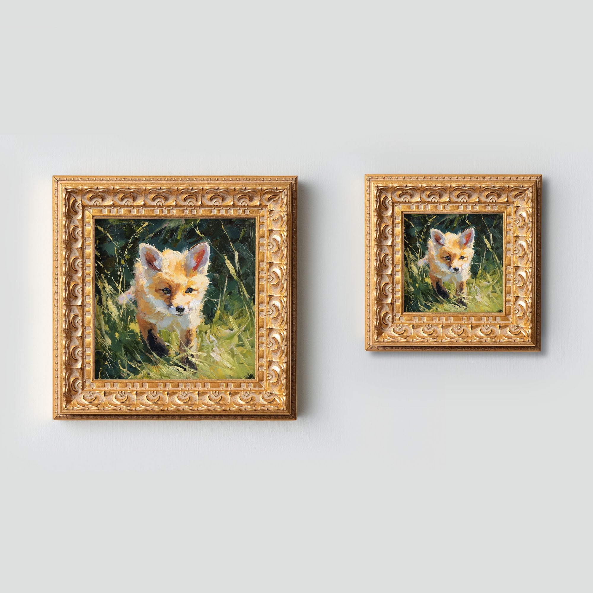 Hand Panted Fox Oil Painting, Original Art, Living Room Wall Art Decor, 5X5 Gold Framed Artwork, Still life Wildlife, Gift for friends