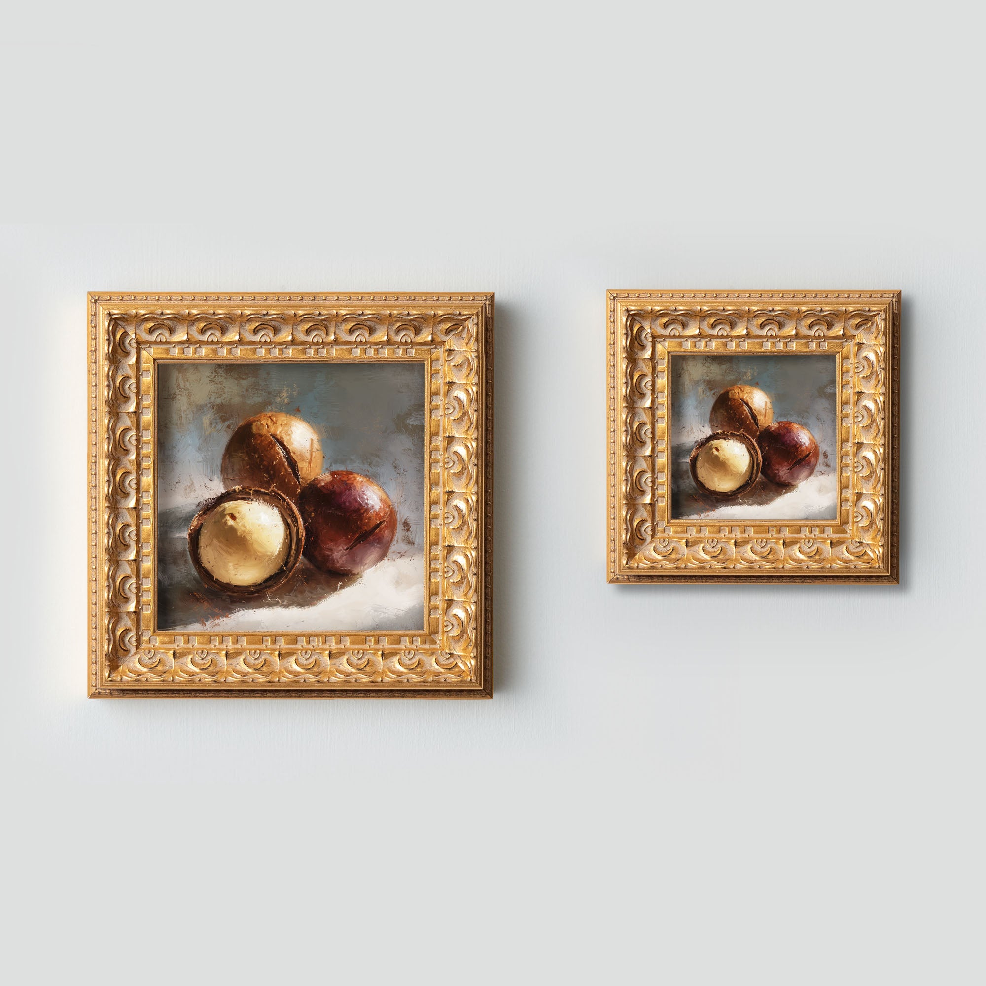 Still life Macadamia Nuts Oil Painting, Small Original Art, Hand Painted Artwork, Wall Art Decor, Gift for Friends, 5X5 Gold Framed