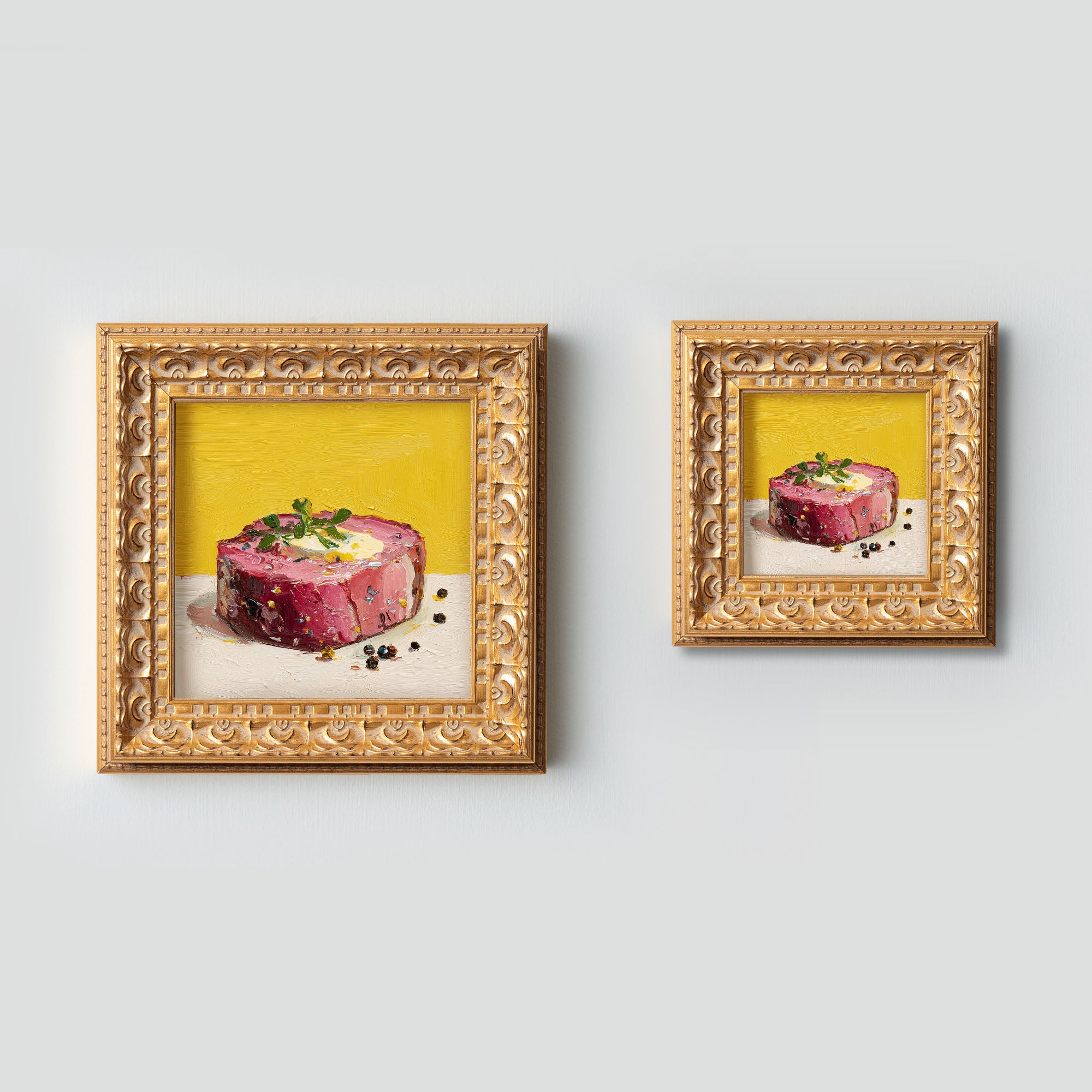 Still life Butter Steak Oil Painting, Original Hand Painted Beef, Small Kitchen Wall Art Decor, Christmas Gift for Friend,Vintage Gold Frame