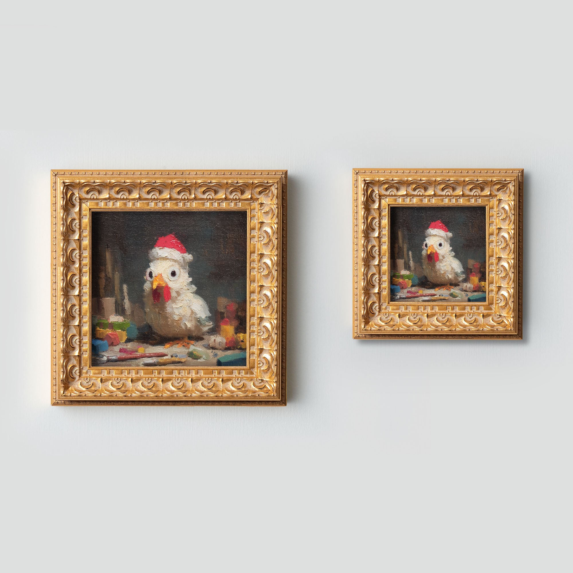 100% Hand Painted Santa Chicken Oil Painting, Original Art, Living Room Wall Art Decor, 5X5 Gold Framed Artwork, Christmas Gift for Friends