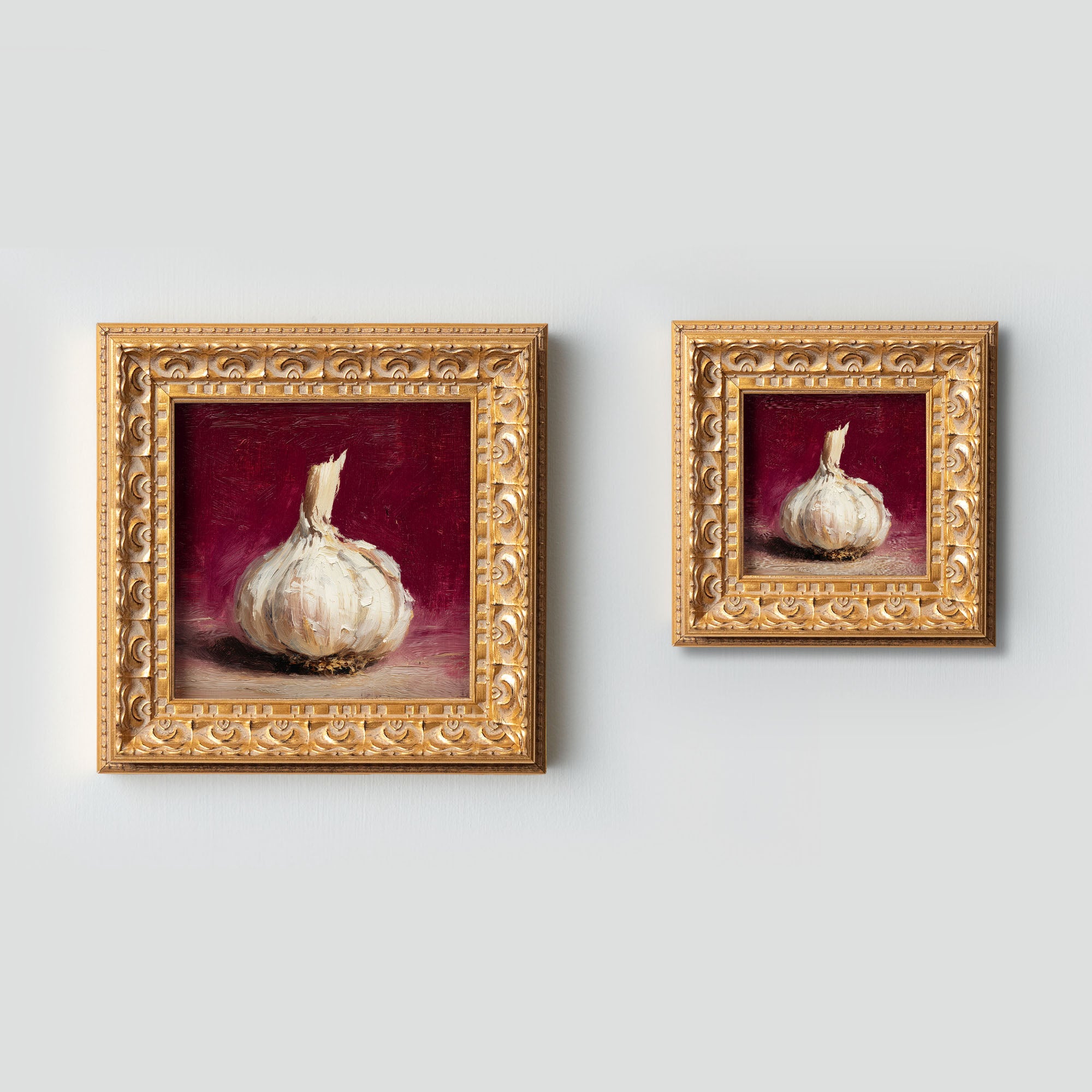 Original Garlic Oil Painting, Hand Painted Food Artwork, Still Life, Small Kitchen Wall Art Decor, Christmas Gift for Friends, Gold Frame