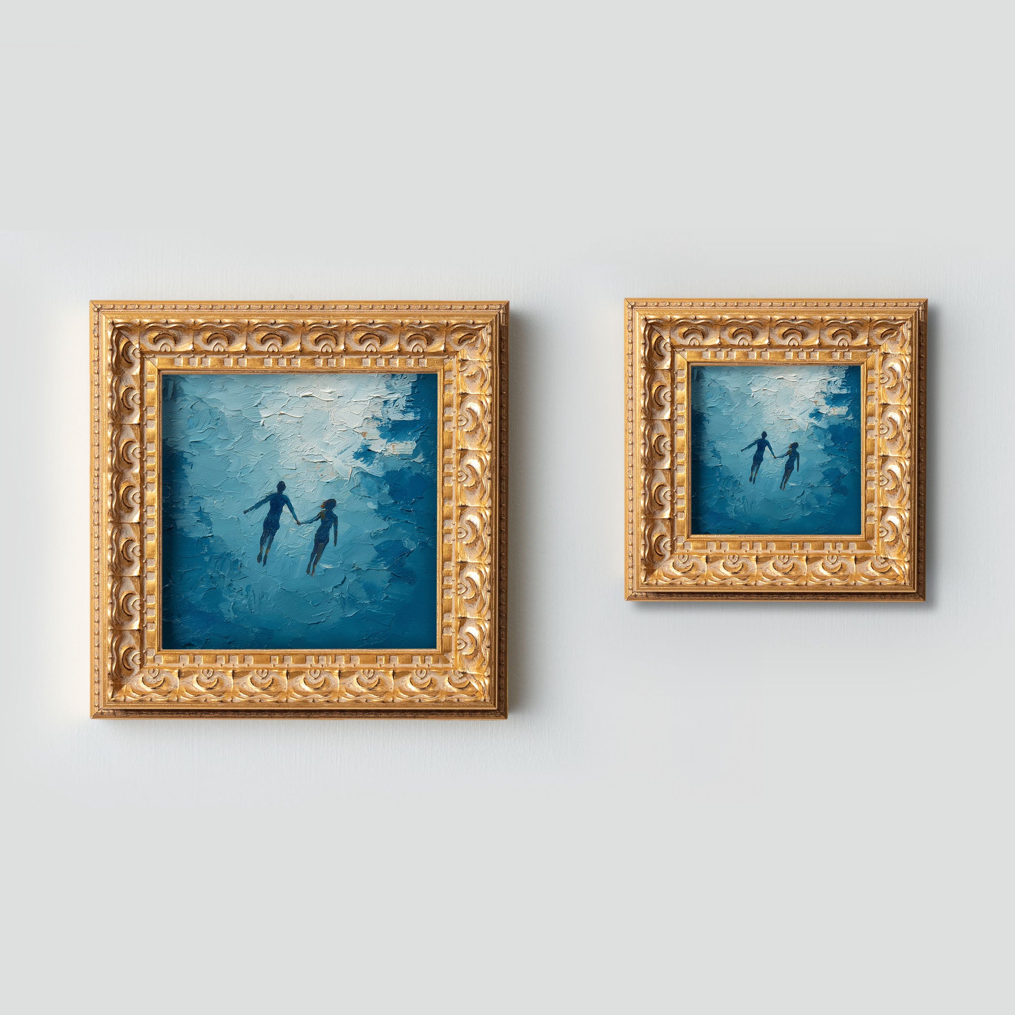 Original Hand Painted Figure, Mini Oil Painting, Romantic Couple Wall Art Decor, Small 5x5 Gold Framed, Valentine Gift, Swimming Couple