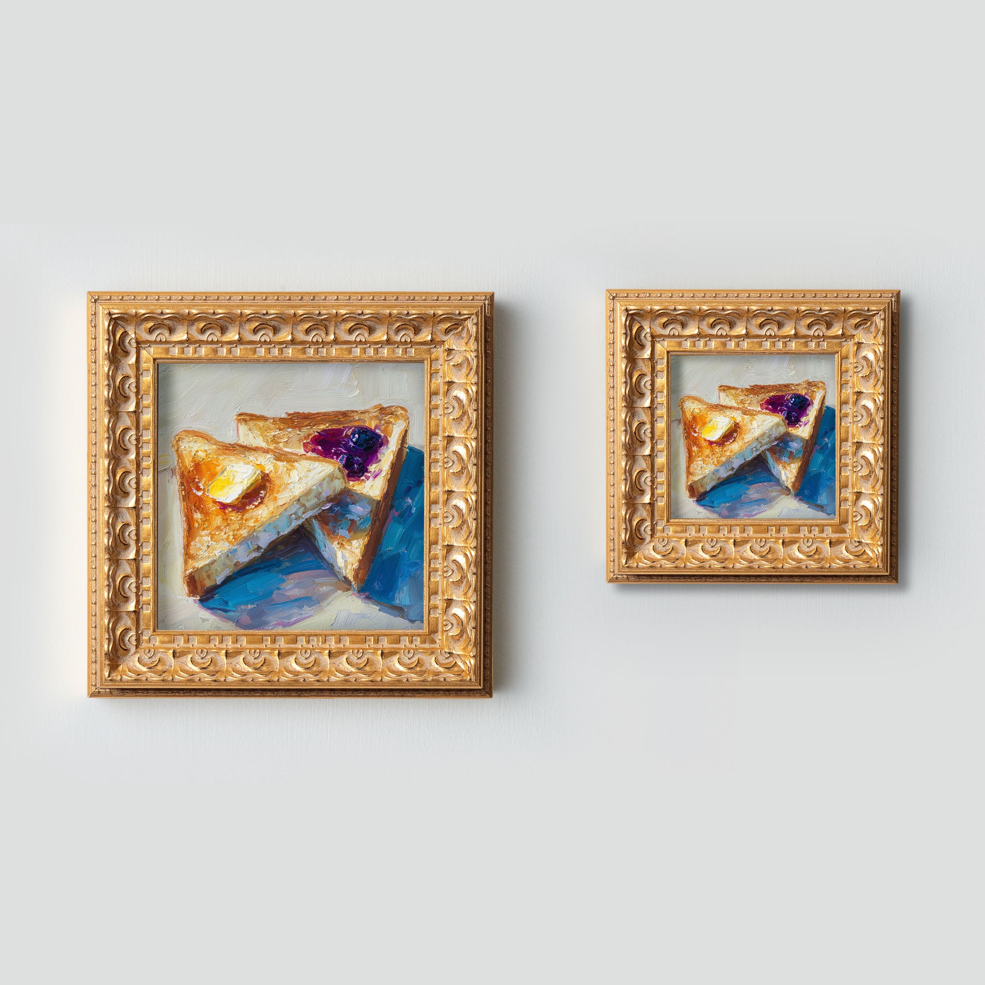 Still life Oil Painting, Original Hand Painted Art,  Wall Art Decor, Gift for Friends, Small 5X5 Gold Framed Artwork, Sauced Toast