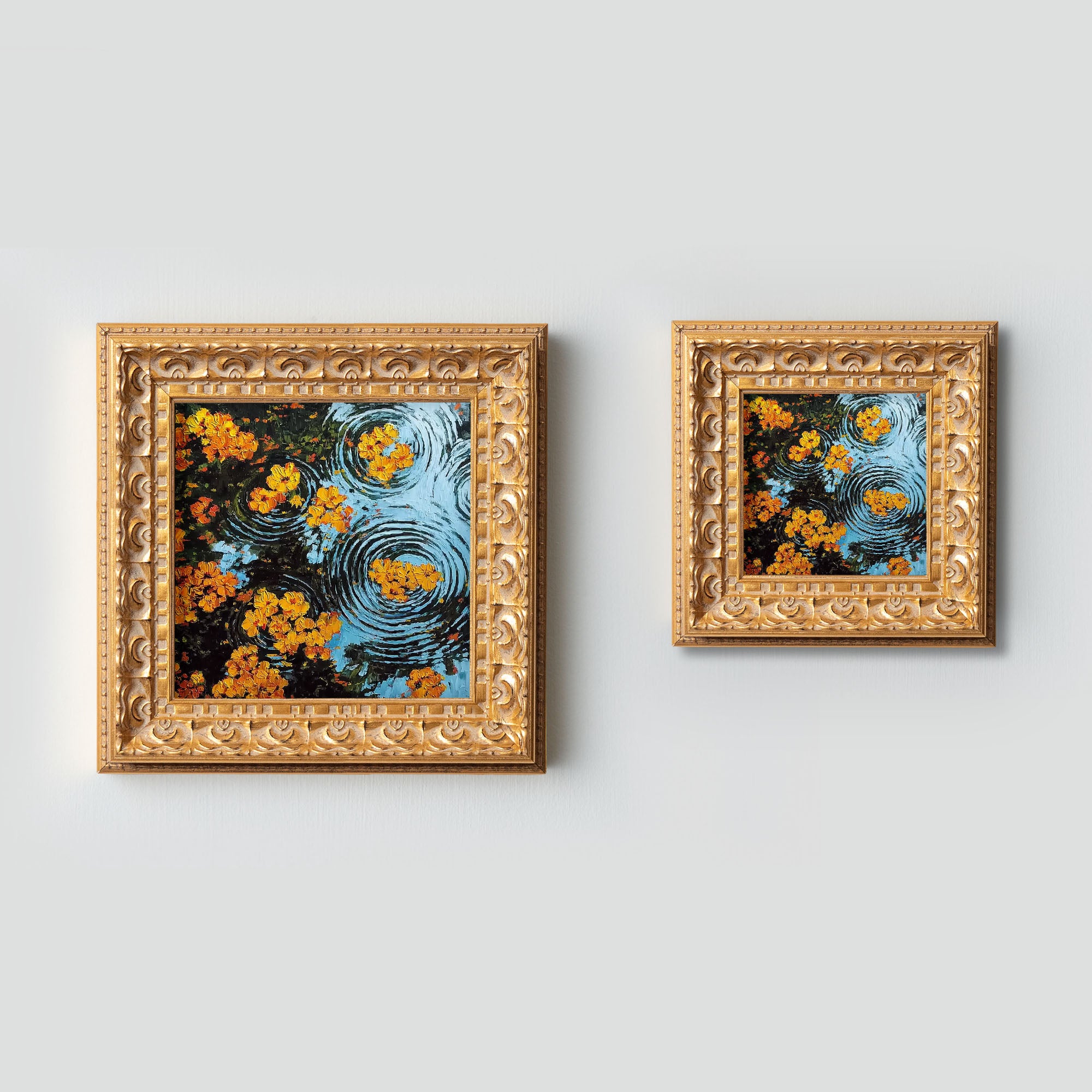 Small Oil Painting, Original Hand Painted, Nature Wall Art, 5X5 Vintage Winter Decor, Christmas Gift for Friends, Water Flowers with Ripple