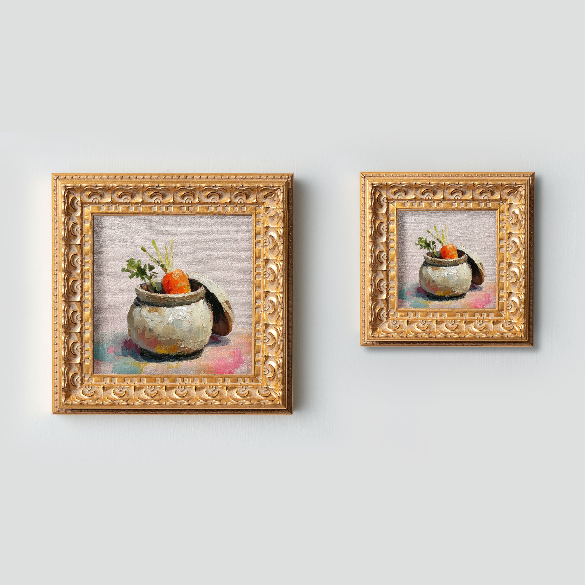 Original Oil Painting, Hand Painted Artwork, Still Life Food, Small Kitchen Wall Art Decor, Christmas Gift for Friend, Carrot in Ceramic Jar