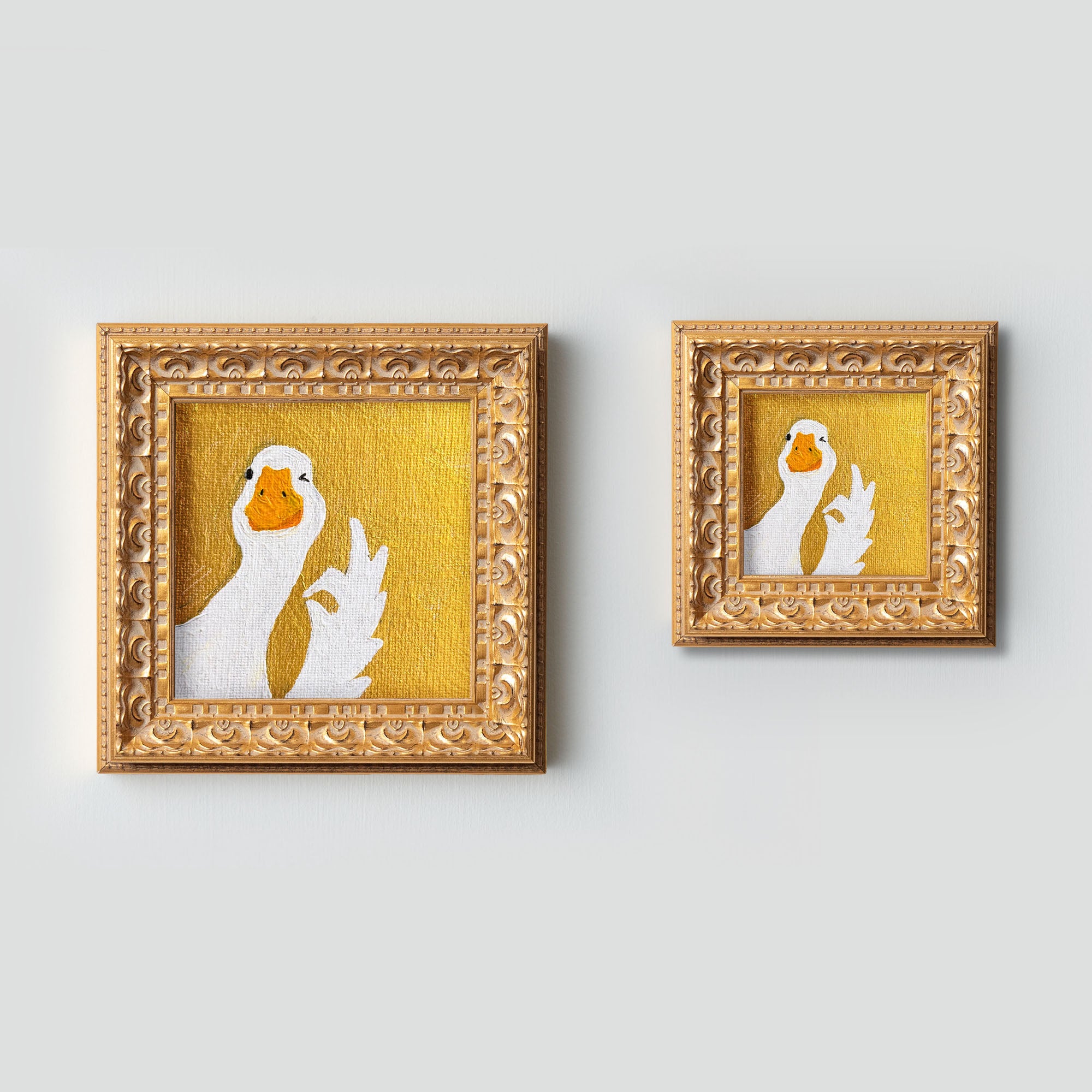 Small Original Hand Panted, Okay Goose Oil Painting, Living Room Wall Art Decor, 5X5 Gold Framed Artwork, Christmas Gift for Friends