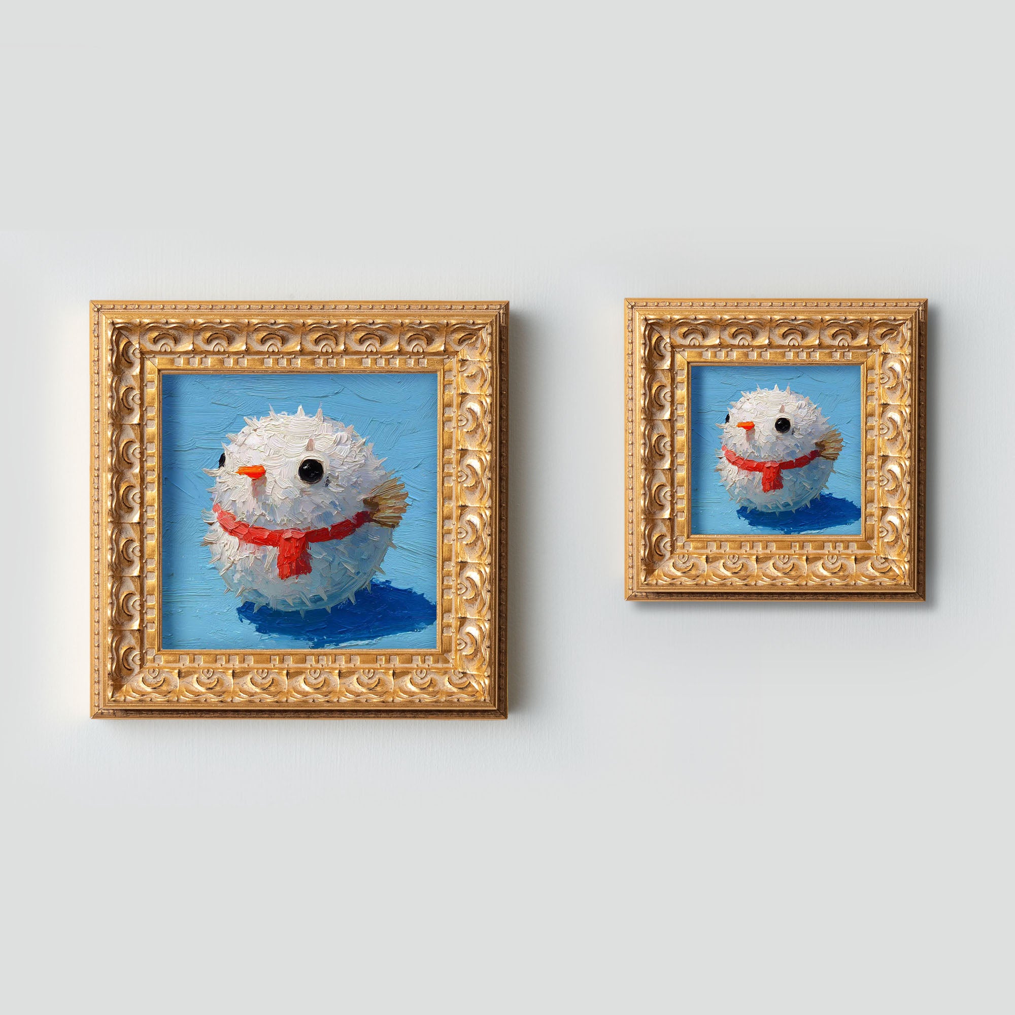 Small Pufferfish Oil Painting, Original Hand Painted Artwork, Holiday Wall Art Decor, 5X5 Gold Framed Art, Christmas Gift for Friends