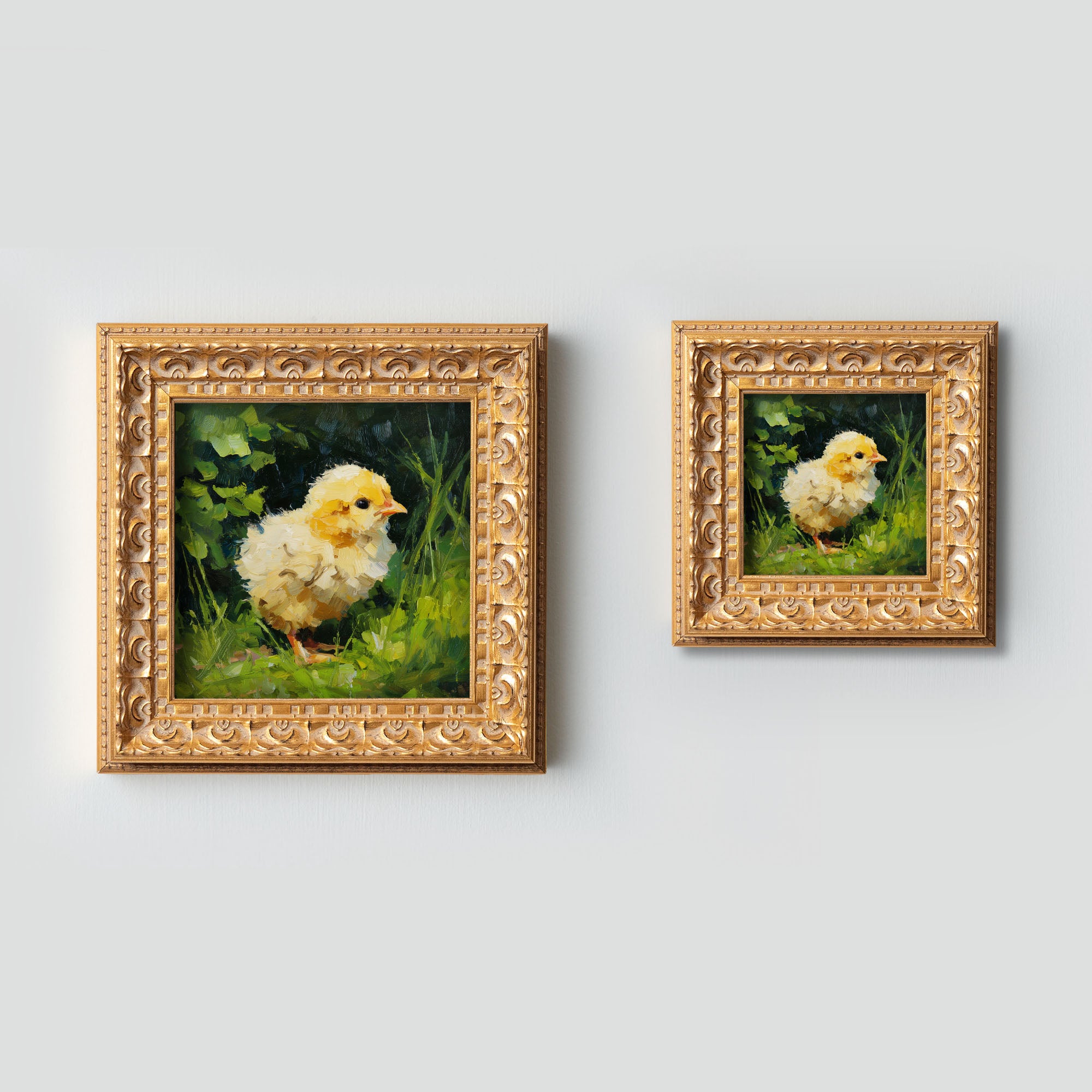 Hand Panted Chick Oil Painting, Original Art, Living Room Wall Art Decor, 5X5 Gold Framed Artwork, Still life Wildlife, Gift for friends