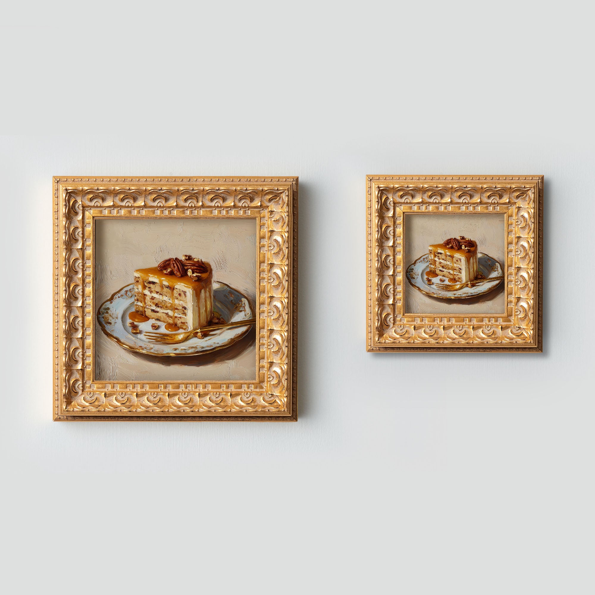 Still life Caramel Nut Cake Oil Painting,  Small Original Art, Hand Painted Artwork, Wall Art Decor, Gift for Friends, 5X5 Gold Framed