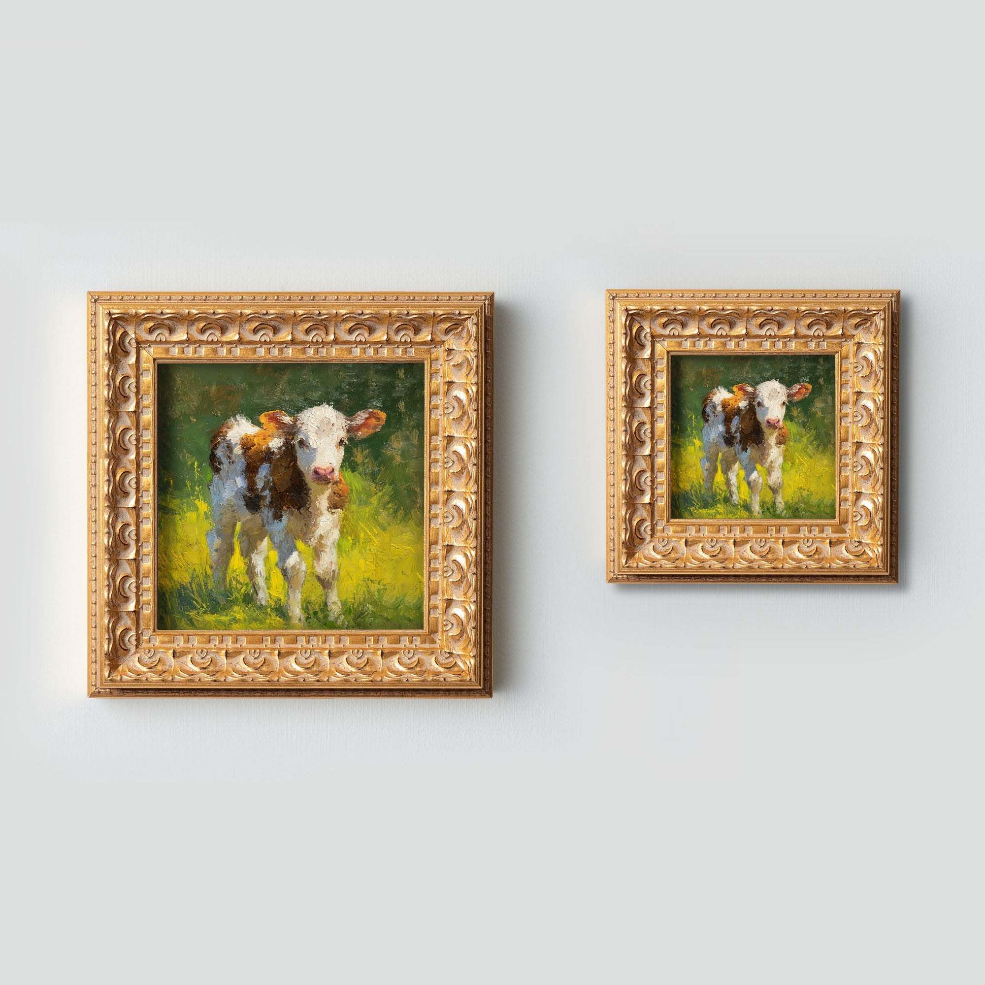 Hand Panted Calf Oil Painting, Small Original Art, Rustic Wall Art Decor, 5X5 Gold Framed Artwork, Still life Wildlife, Gift for friends