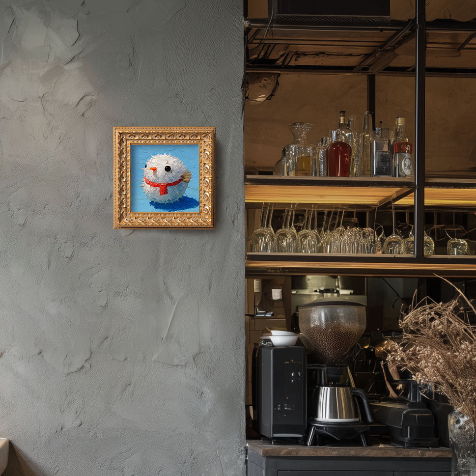 Small Pufferfish Oil Painting, Original Hand Painted Artwork, Holiday Wall Art Decor, 5X5 Gold Framed Art, Christmas Gift for Friends