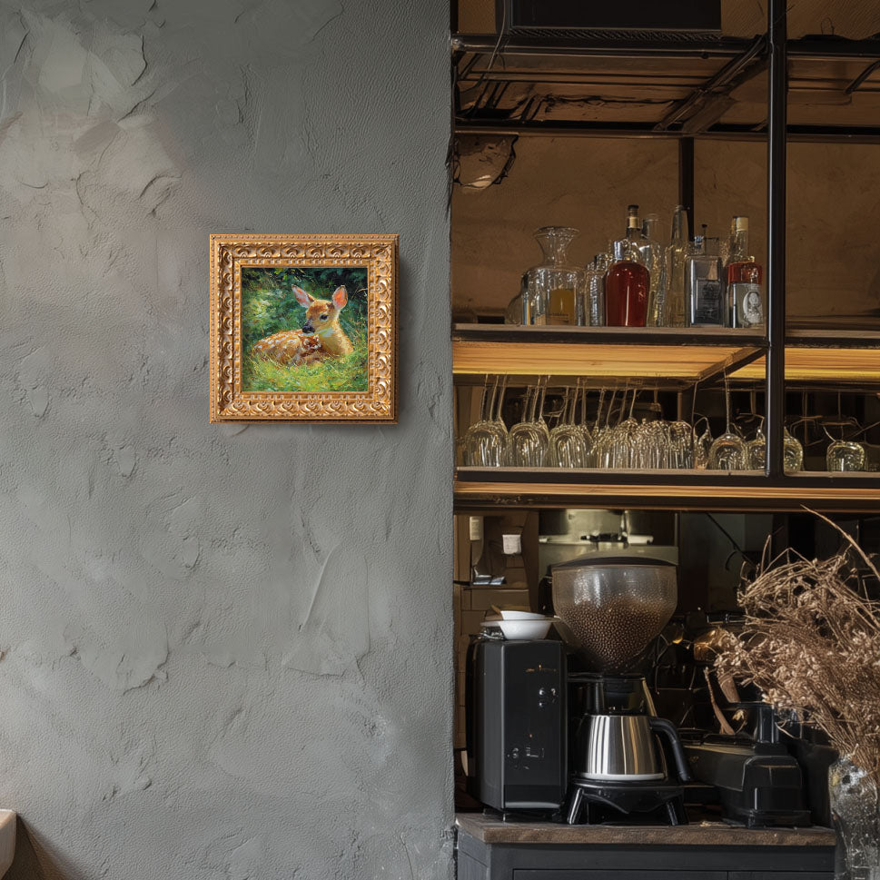 Hand Panted Fawn Oil Painting, Original Art, Living Room Wall Art Decor, 5X5 Gold Framed Artwork, Still life Wildlife, Gift for friends