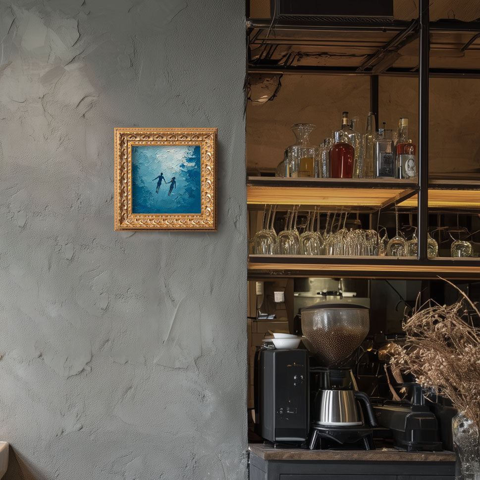 Original Hand Painted Figure, Mini Oil Painting, Romantic Couple Wall Art Decor, Small 5x5 Gold Framed, Valentine Gift, Swimming Couple