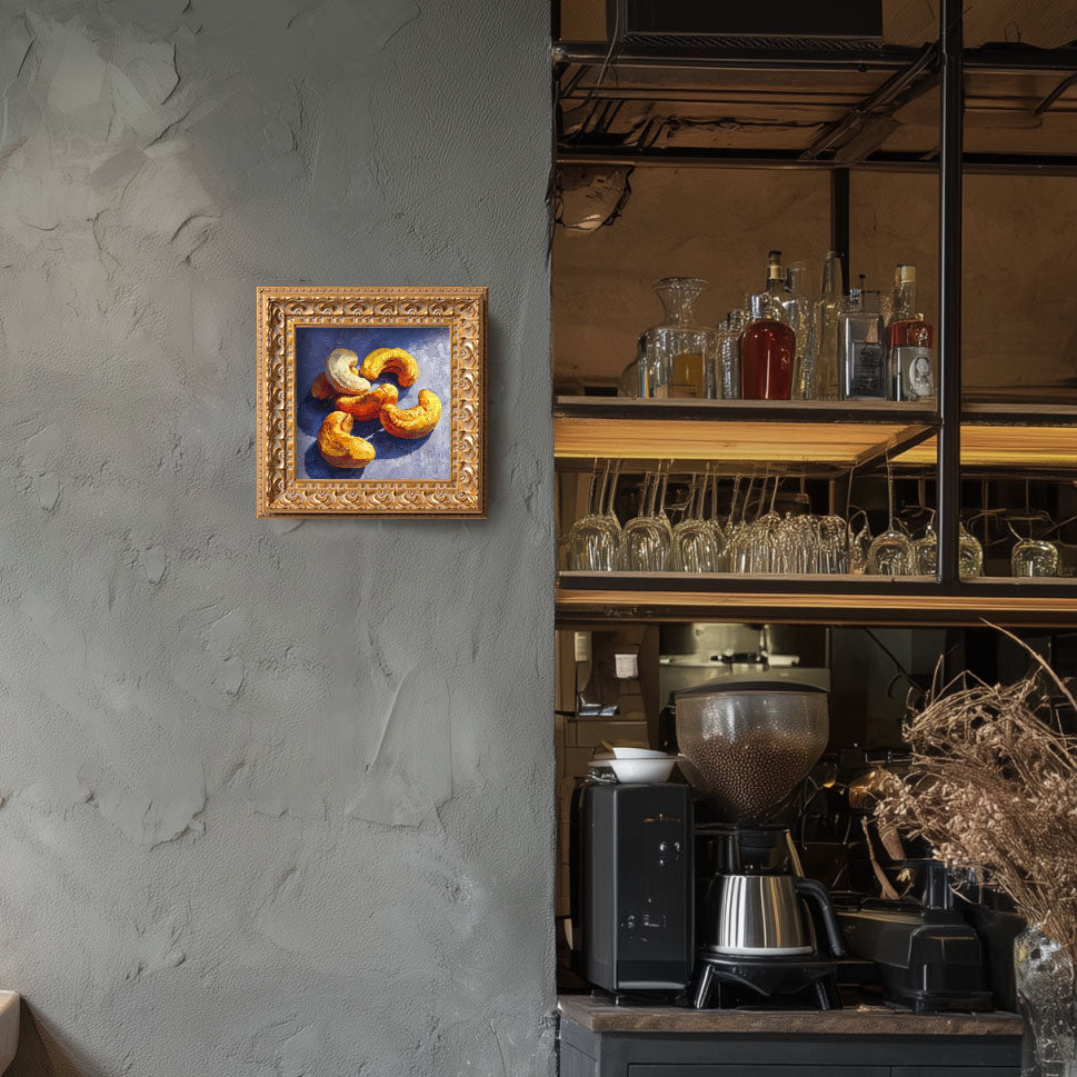 Still life Cashews Oil Painting, Small Original Hand Painted Art, Dining Room Wall Art Decor, Gift for Friends, 5X5 Gold Framed Artwork