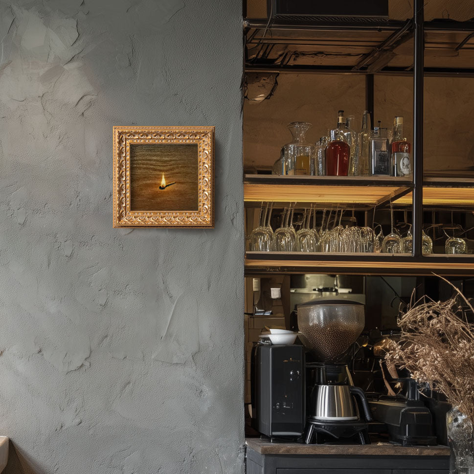 Small Original Lit Match Oil Painting, 5X5 Hand Painted Artwork, Vintage Wall Art, Minimalist Home Decor, Christmas Gift For Friends