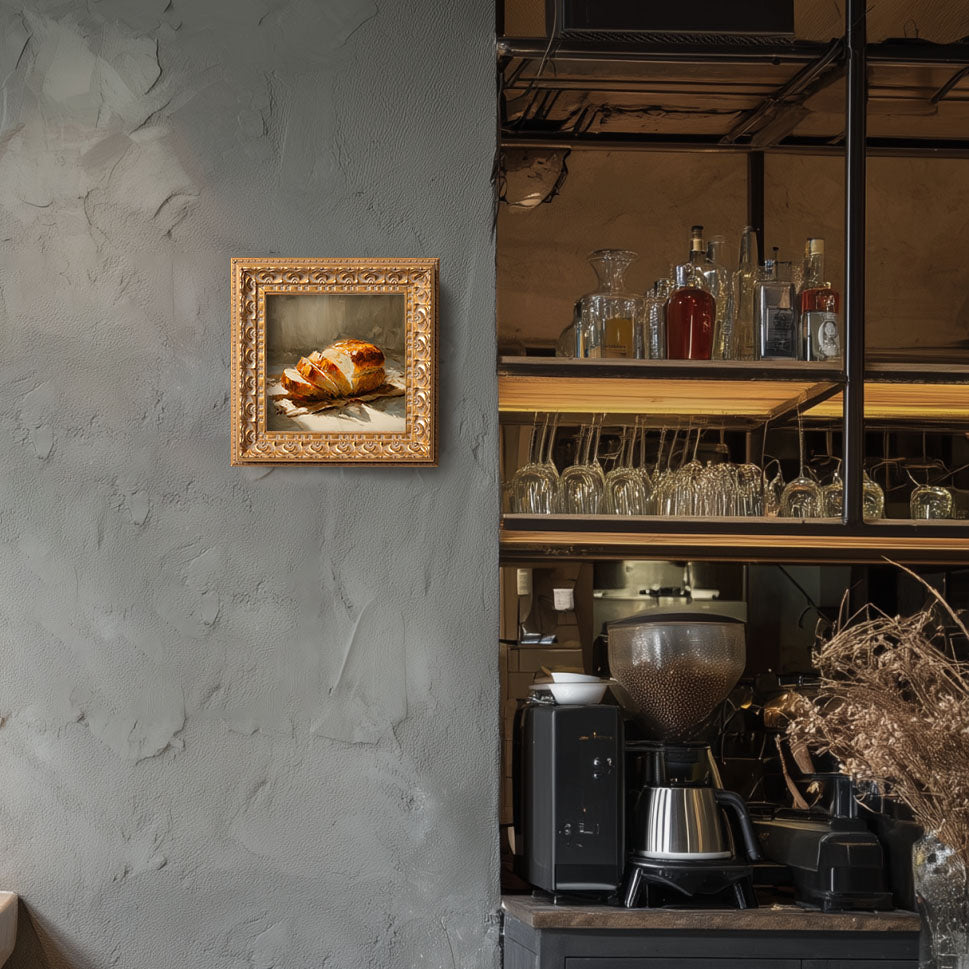 Loaf of Bread Still Life, Original Oil Painting, Food Art, Impasto Kitchen Wall Decor, Small Framed Artwork