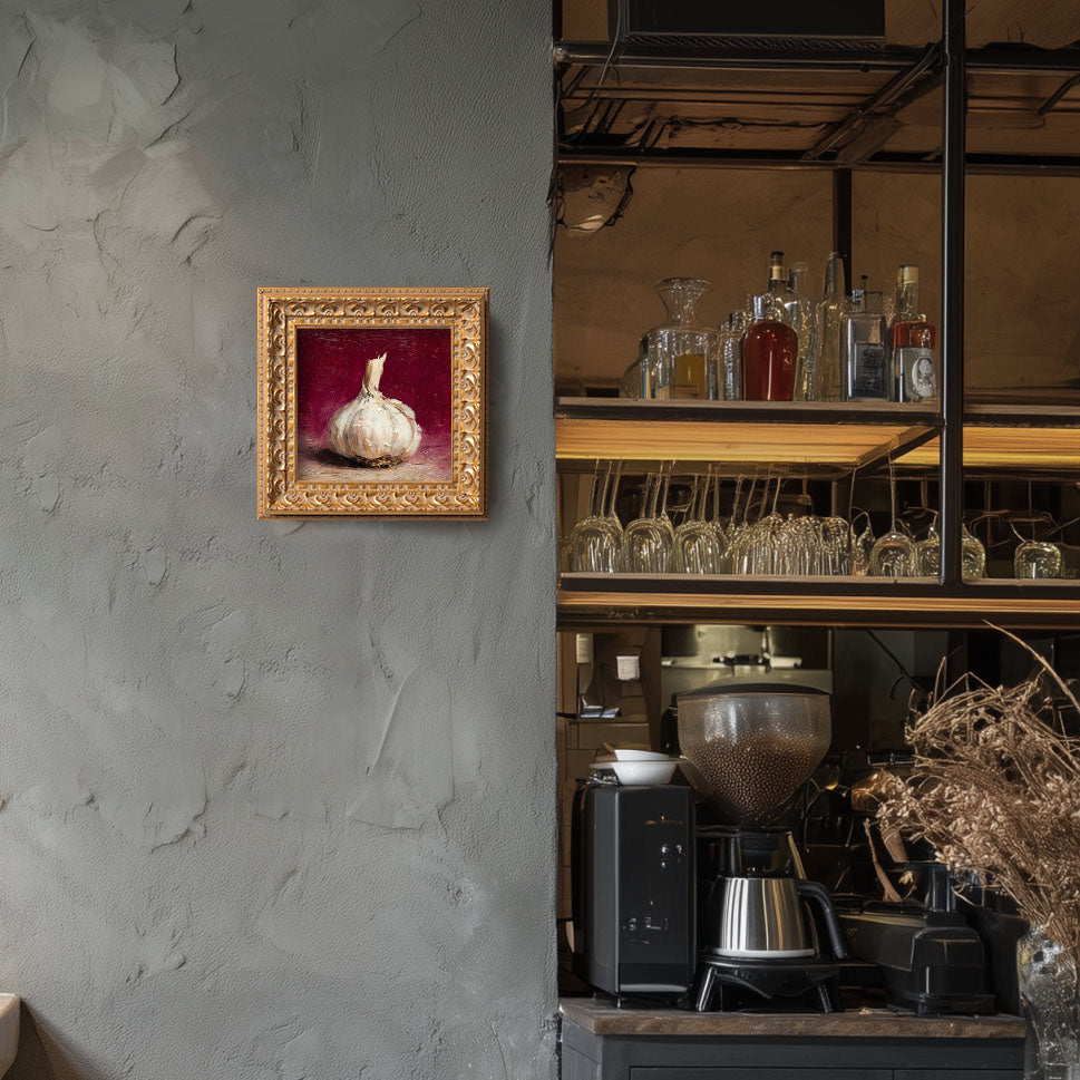 Original Garlic Oil Painting, Hand Painted Food Artwork, Still Life, Small Kitchen Wall Art Decor, Christmas Gift for Friends, Gold Frame