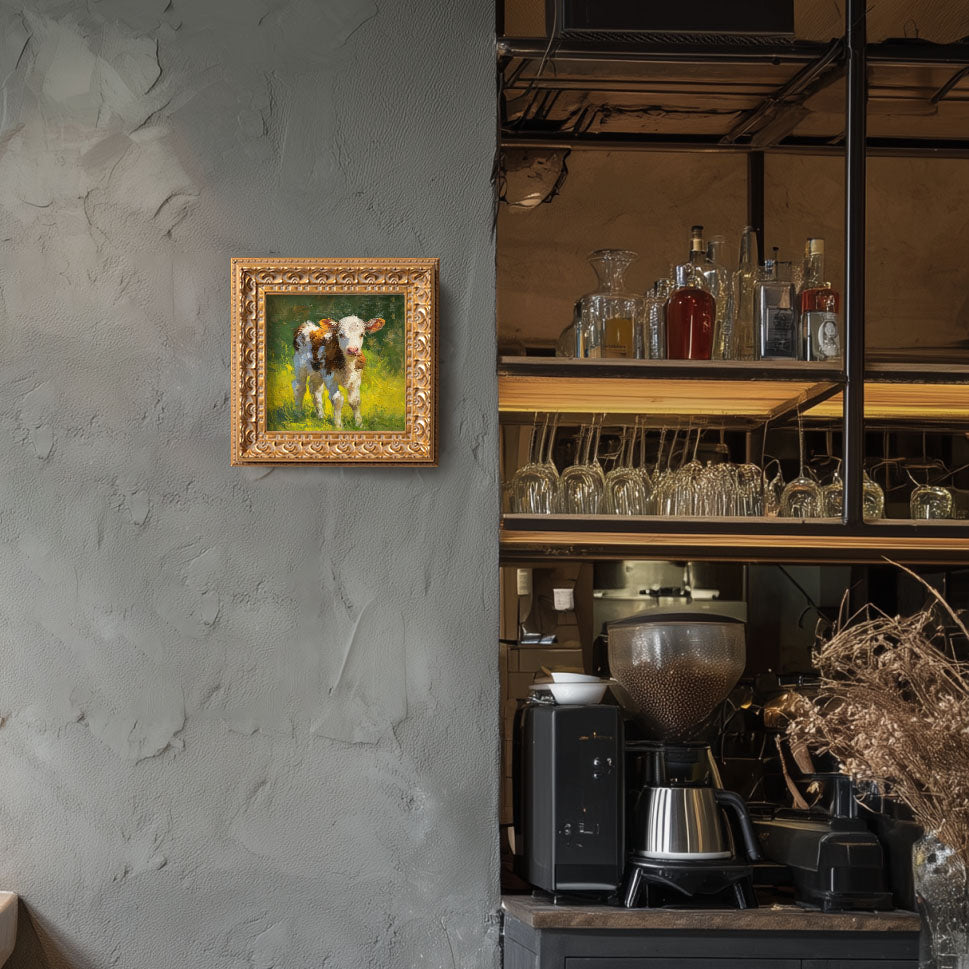 Hand Panted Calf Oil Painting, Small Original Art, Rustic Wall Art Decor, 5X5 Gold Framed Artwork, Still life Wildlife, Gift for friends