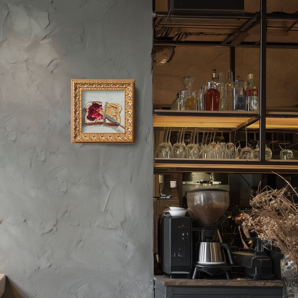 Original Peanut Butter & Jam Toast Oil Painting, Cozy Kitchen Wall Art, Hand Painted Ornate Gold Frame Home Decor, Charming Dining Room Decoration, Gift For Friends