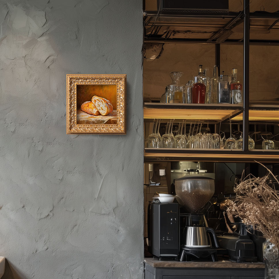 Original Baguette Oil Painting, Rustic Kitchen Wall Art, Hand Painted Ornate Gold Frame Home Decor, Warm Dining Room Decoration, Gift For Friends