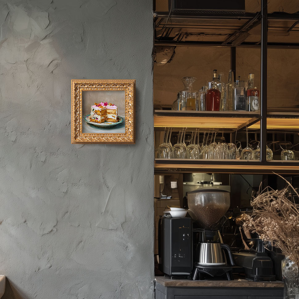 Original Rose Petal Cake Oil Painting, Elegant Kitchen Wall Art, Hand Painted Ornate Gold Frame Home Decor, Charming Dining Room Decoration, Gift For Friends