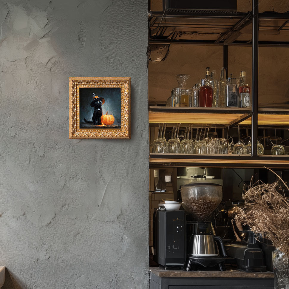 Original Halloween Black Cat Oil Painting, Spooky Seasonal Wall Art, Hand Painted Ornate Gold Frame Home Decor, Festive Living Room Decoration, Gift For Friends