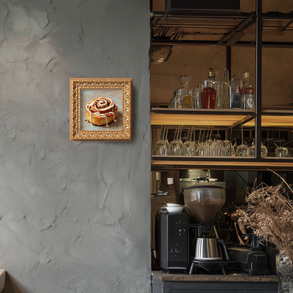 Original Cinnamon Roll Oil Painting, Warm Kitchen Wall Art, Hand Painted Ornate Gold Frame Home Decor, Charming Dining Room Decoration, Gift For Friends