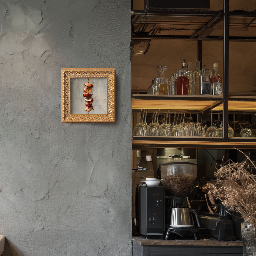 Grilled Skewers Still Life, Original Oil Painting, Food Art, Impasto Kitchen Wall Decor, Small Framed Artwork