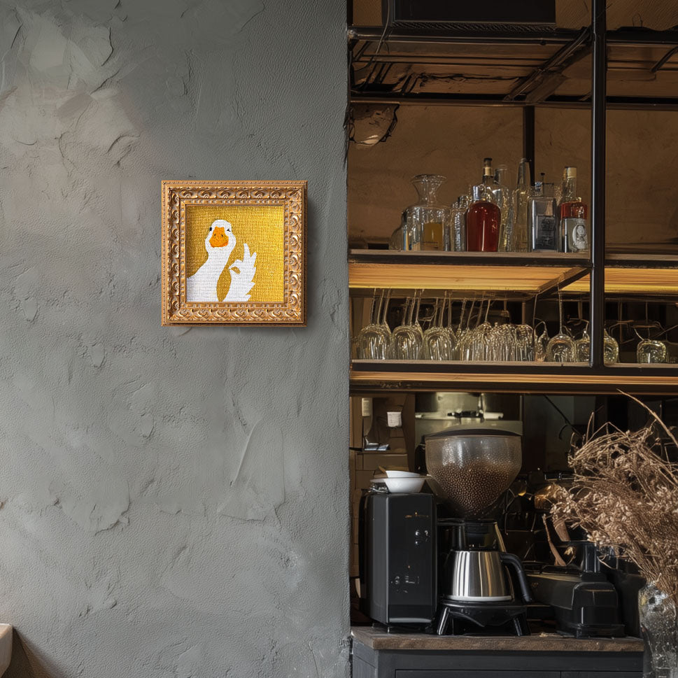 Small Original Hand Panted, Okay Goose Oil Painting, Living Room Wall Art Decor, 5X5 Gold Framed Artwork, Christmas Gift for Friends