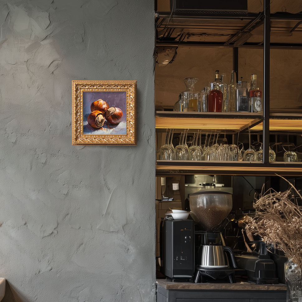 Roasted Chestnuts Still Life, Original Oil Painting, Food Art, Impasto Autumn Wall Decor, Small Framed Artwork