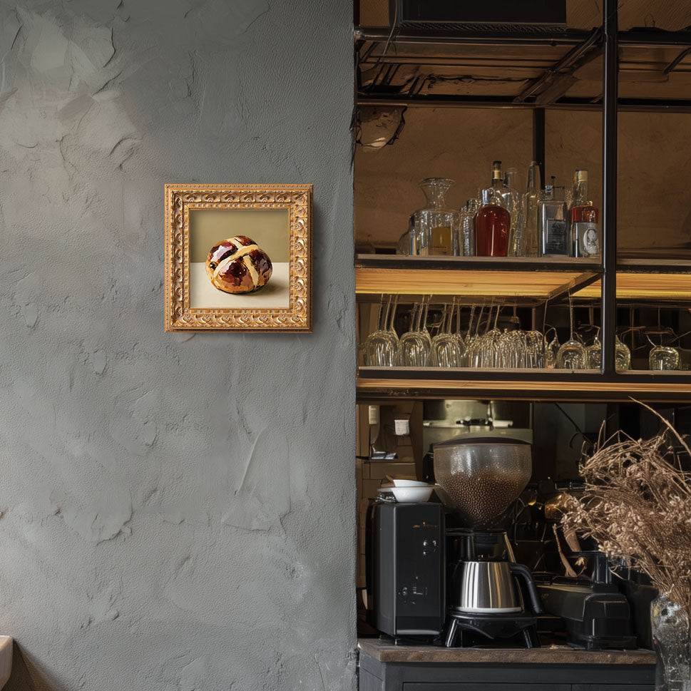 Original Hot Cross Bun Oil Painting, Rustic Kitchen Wall Art, Hand Painted Ornate Gold Frame Home Decor, Warm Dining Room Decoration, Gift For Friends