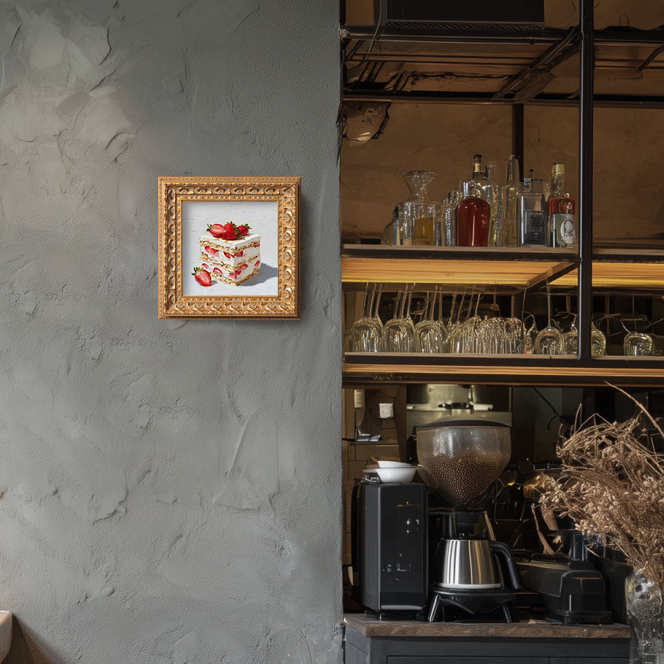 Original Strawberry Cake Oil Painting, Bright Kitchen Wall Art, Hand Painted Ornate Gold Frame Home Decor, Vibrant Dining Room Decoration, Gift For Friends