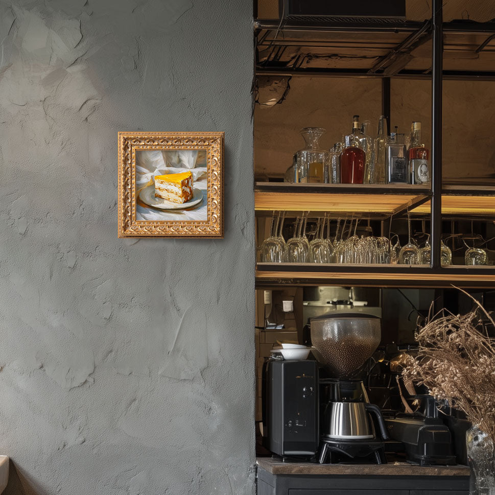 Original Mango Mousse Cake Oil Painting, Bright Kitchen Wall Art, Hand Painted Ornate Gold Frame Home Decor, Vibrant Dining Room Decoration, Gift For Friends