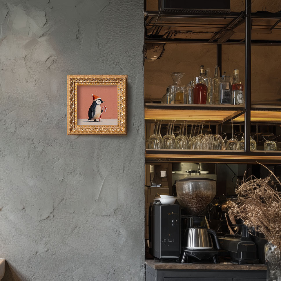 Christmas Penguin Mini Painting, Original Oil Art, Holiday Decor, Cute Penguin with Candy Cane, Small Framed Christmas Art