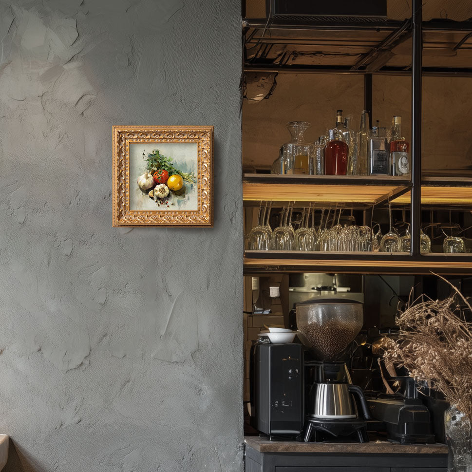 Original Vegetable Still Life Oil Painting, Rustic Kitchen Wall Art, Hand Painted Ornate Gold Frame Home Decor, Warm Dining Room Decoration, Gift For Friends