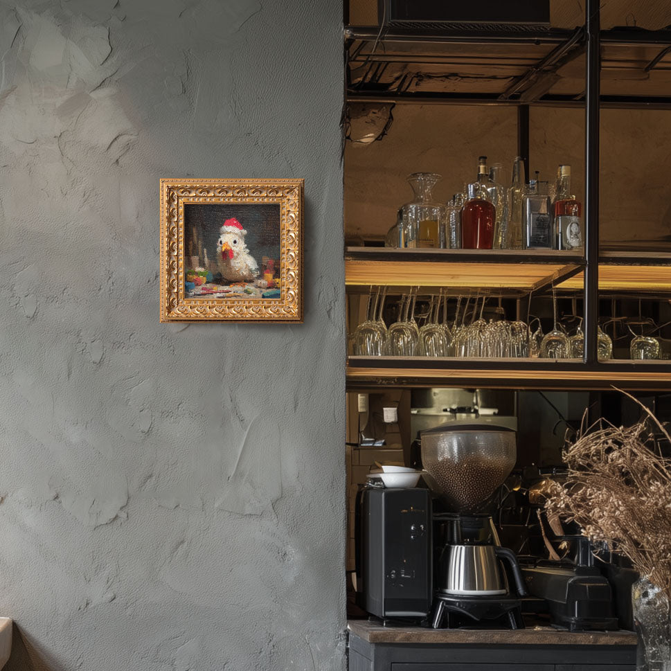 100% Hand Painted Santa Chicken Oil Painting, Original Art, Living Room Wall Art Decor, 5X5 Gold Framed Artwork, Christmas Gift for Friends