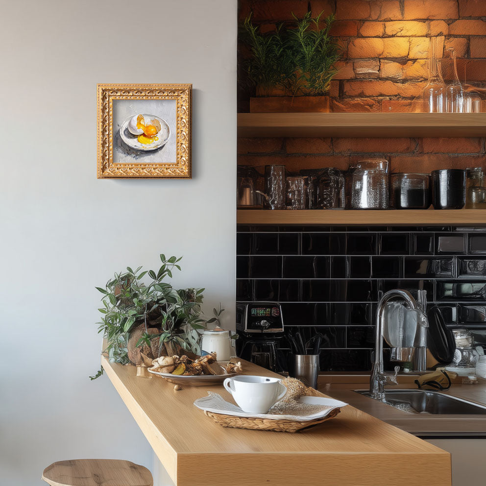 Eggs Still Life Oil Painting, Double Yolk Egg Art, Kitchen Wall Decor, Original Impasto Food Painting, Small Framed Art