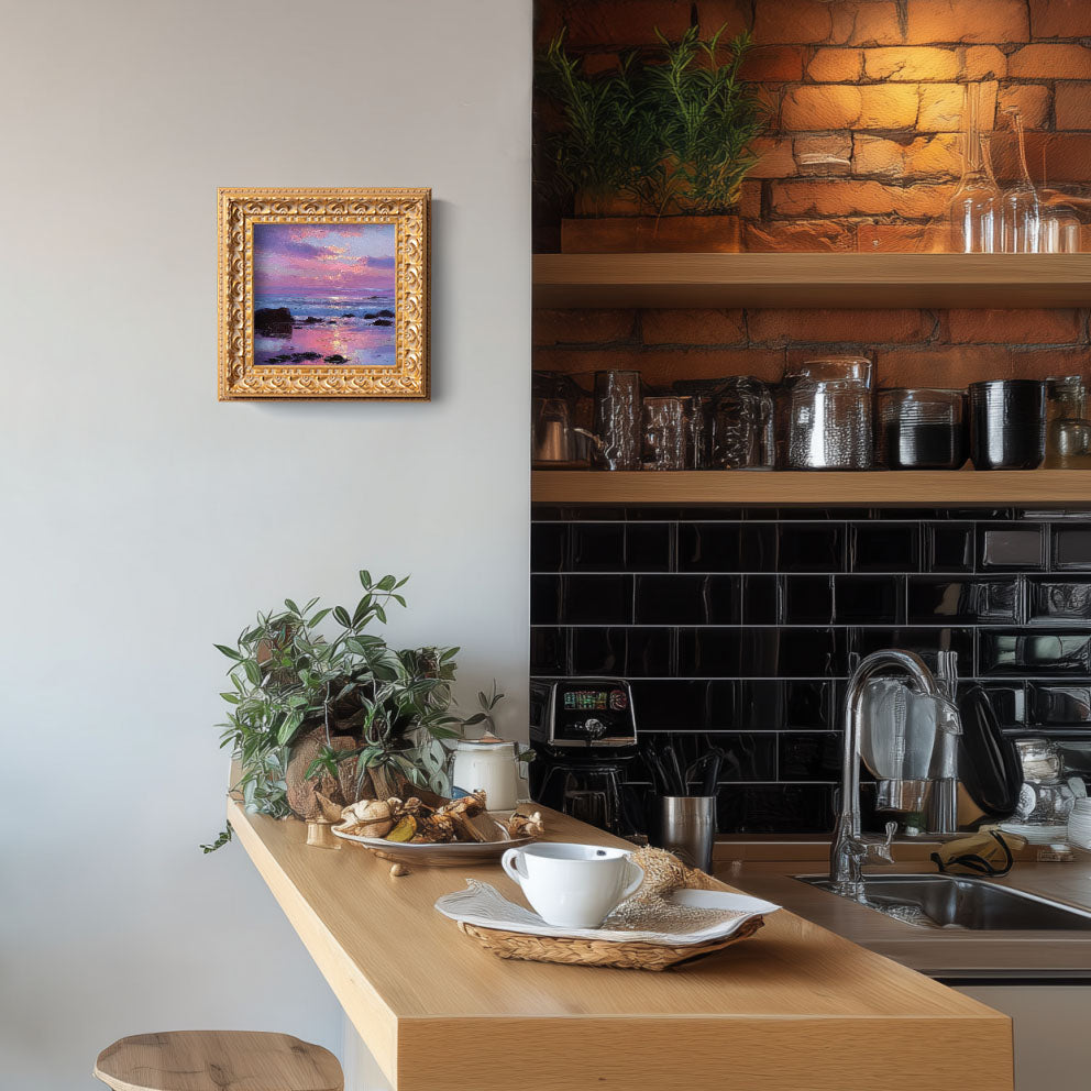 Small Coastal Sunset Oil Painting, Original Hand Painted, Landscape Wall Art, 5X5 Winter Decor, Abstract Artwork, Christmas Gift for Friends