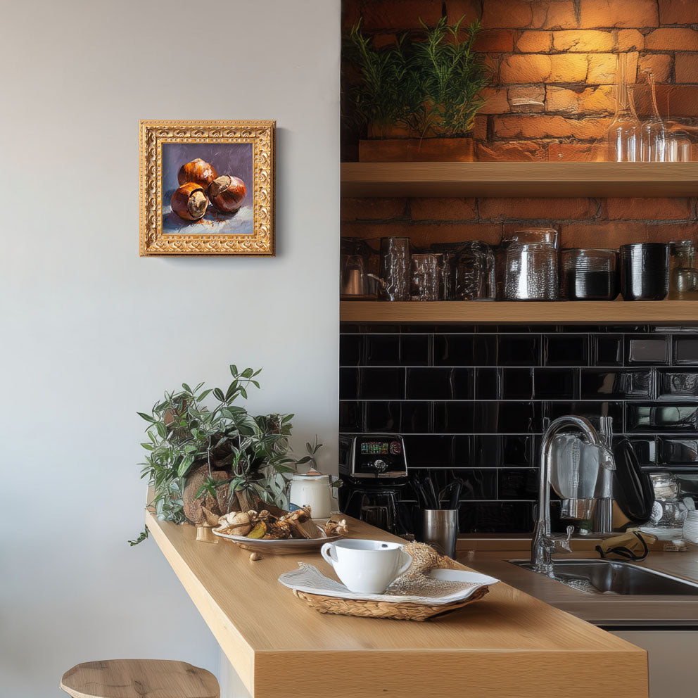 Roasted Chestnuts Still Life, Original Oil Painting, Food Art, Impasto Autumn Wall Decor, Small Framed Artwork