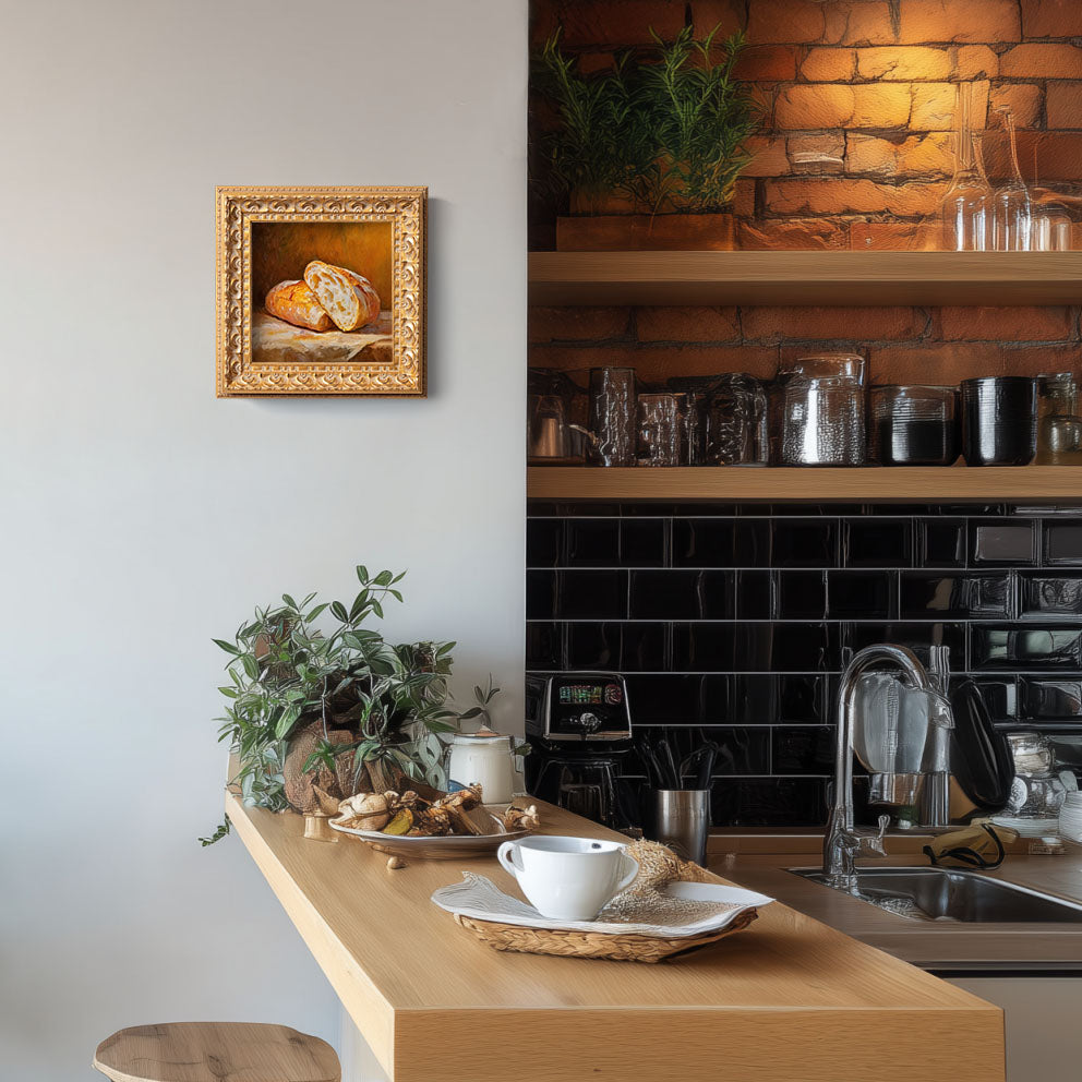 Original Baguette Oil Painting, Rustic Kitchen Wall Art, Hand Painted Ornate Gold Frame Home Decor, Warm Dining Room Decoration, Gift For Friends