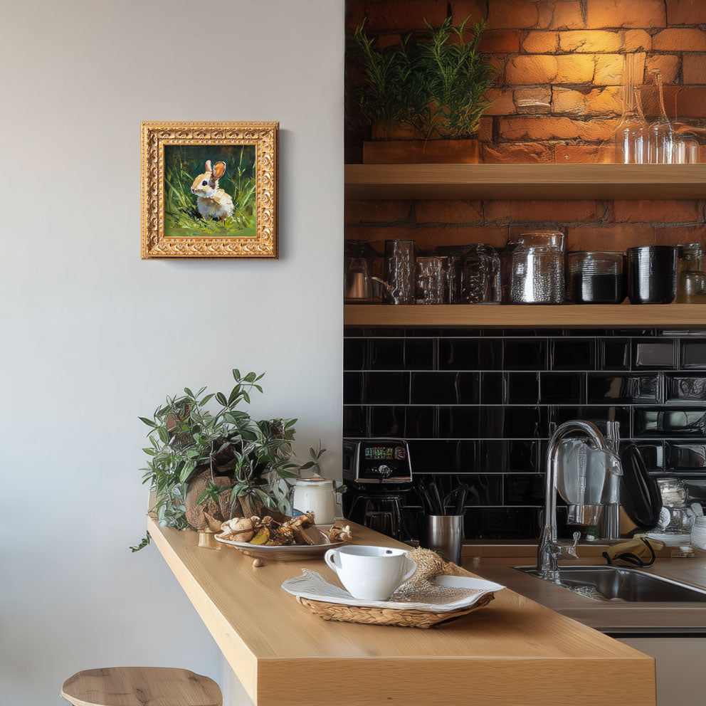 Hand Panted Rabbit Oil Painting, Original Wildlife Art, Home Wall Art Decor, 5X5 Gold Framed Artwork, Still life Bunny , Gift for friends