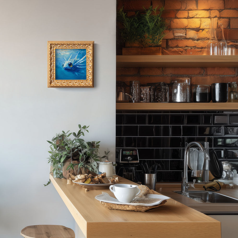 Original Blue Fish Oil Painting, Vibrant Underwater Wall Art, Hand Painted Ornate Gold Frame Home Decor, Stylish Living Room Decoration, Gift For Friends