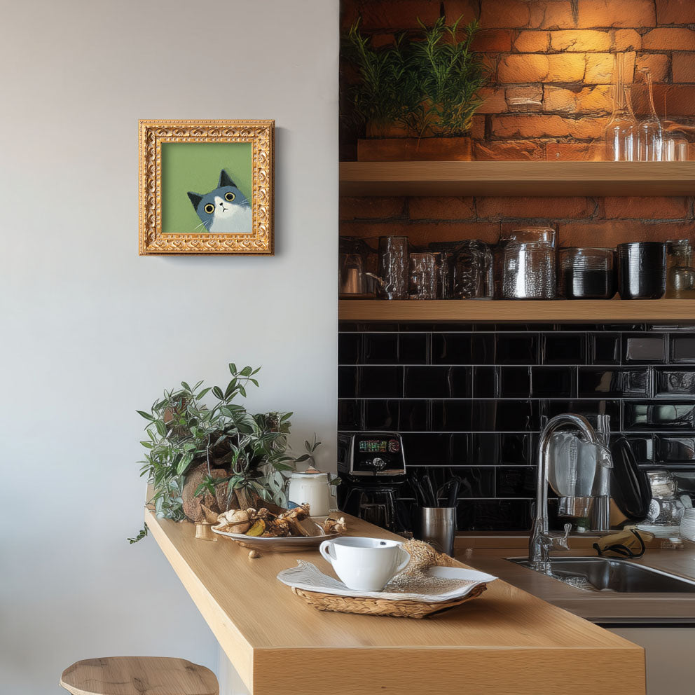 Blue and White Cat Painting, Cute Kitten Art, Flat Style Animal Portrait, Whimsical Cat Wall Decor, Small Framed Art