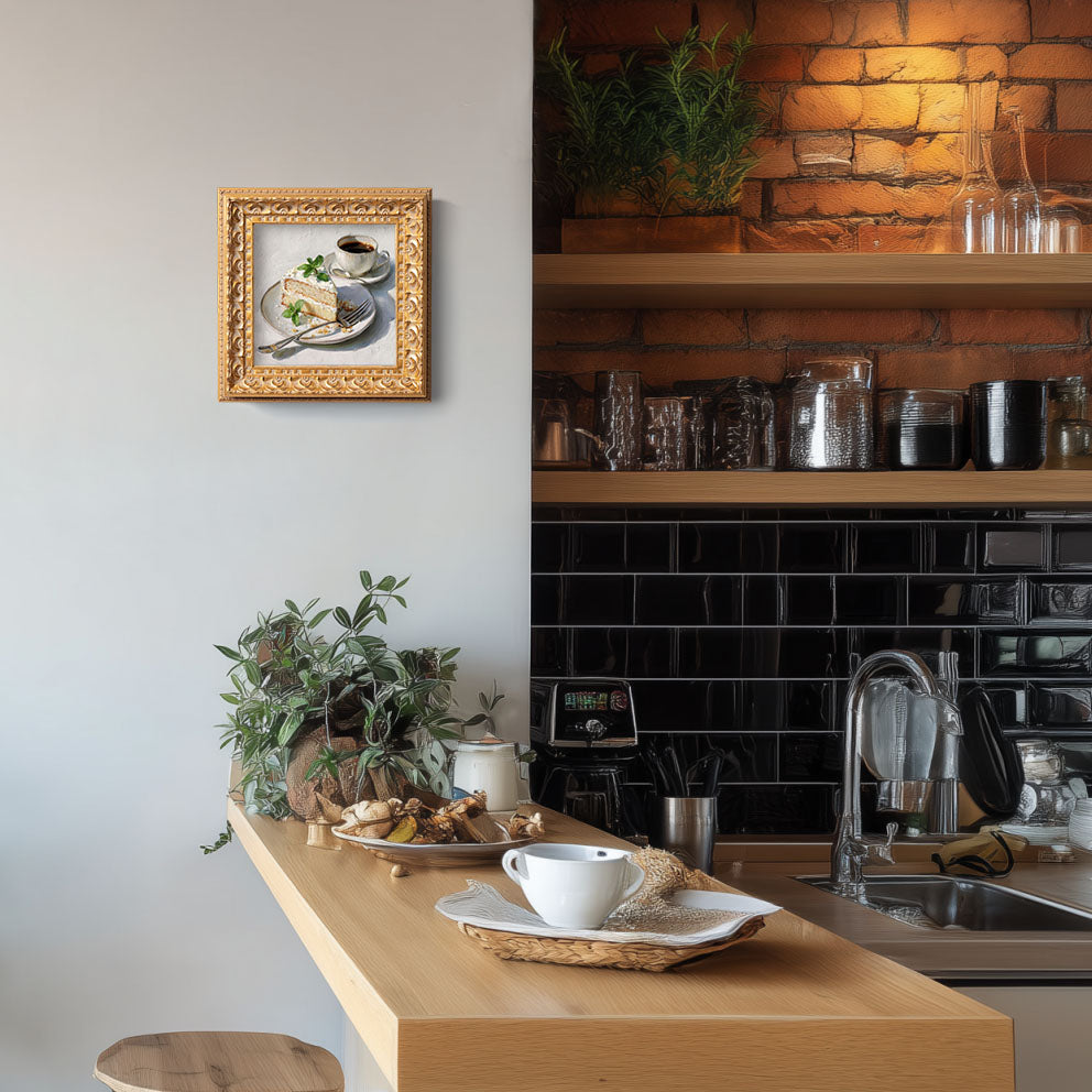 Original Vanilla Cake With Coffee Oil Painting, Cozy Kitchen Wall Art, Hand Painted Ornate Gold Frame Home Decor, Charming Dining Room Decoration, Gift For Friends