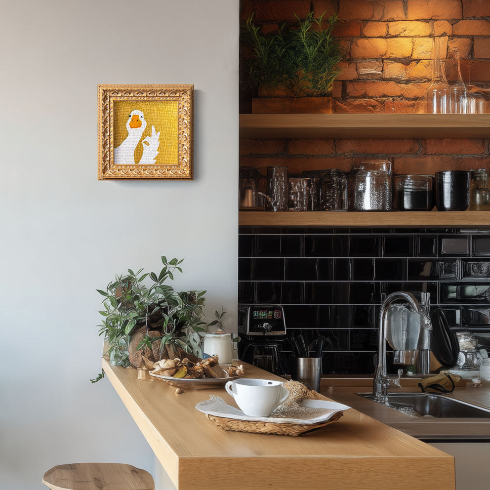 Small Original Hand Panted, Okay Goose Oil Painting, Living Room Wall Art Decor, 5X5 Gold Framed Artwork, Christmas Gift for Friends