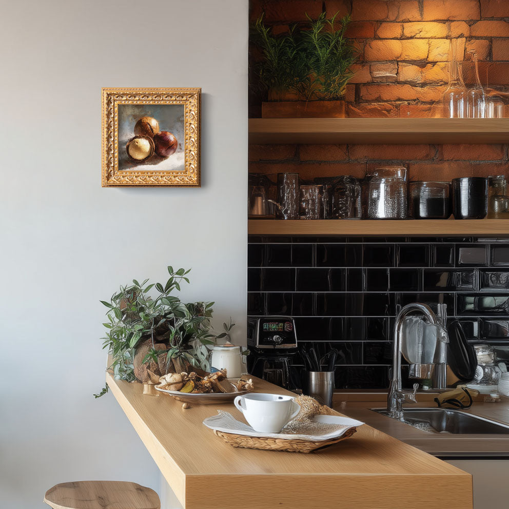 Still life Macadamia Nuts Oil Painting, Small Original Art, Hand Painted Artwork, Wall Art Decor, Gift for Friends, 5X5 Gold Framed