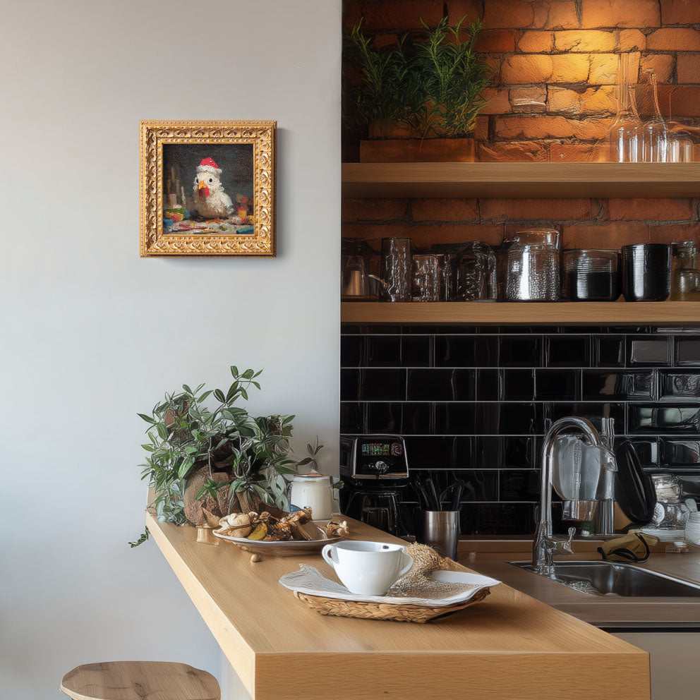 100% Hand Painted Santa Chicken Oil Painting, Original Art, Living Room Wall Art Decor, 5X5 Gold Framed Artwork, Christmas Gift for Friends