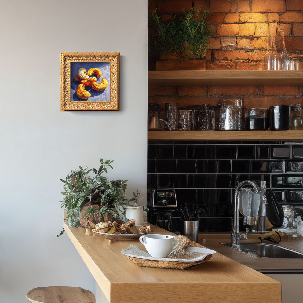 Still life Cashews Oil Painting, Small Original Hand Painted Art, Dining Room Wall Art Decor, Gift for Friends, 5X5 Gold Framed Artwork